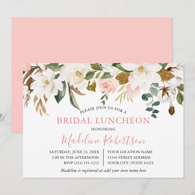 Watercolor Magnolias Pink Roses Bridal Luncheon Invitation (Front/Back)
