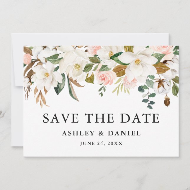 Watercolor Magnolias Pink Roses Save The Date (Front)