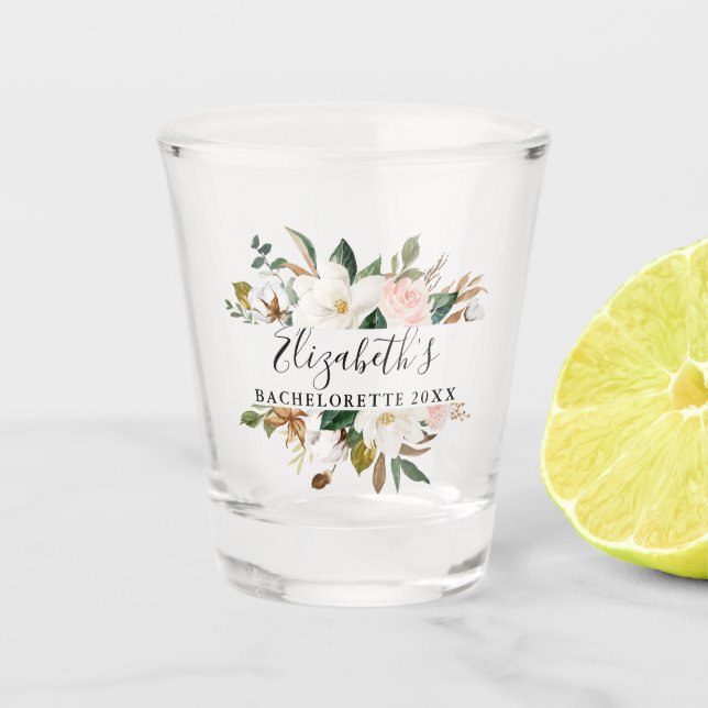 Watercolor Magnolias Roses Bachelorette Party Shot Glass (Front)