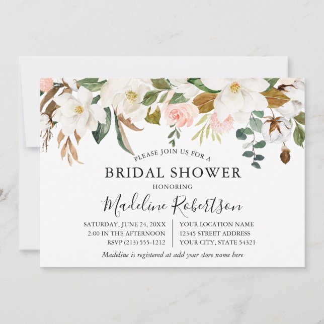 Watercolor Magnolias Roses Bridal Shower Invitation (Front)