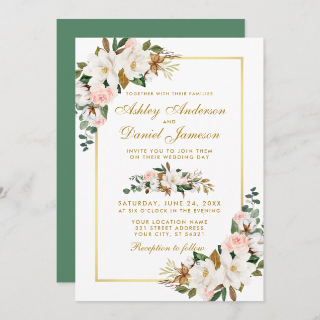 Watercolor Magnolias Roses Floral Gold Wedding Invitation (Front/Back)