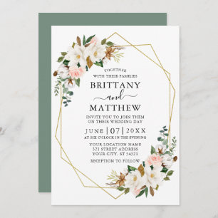 Watercolor Magnolias Roses Geo Sage Green Wedding Invitation
