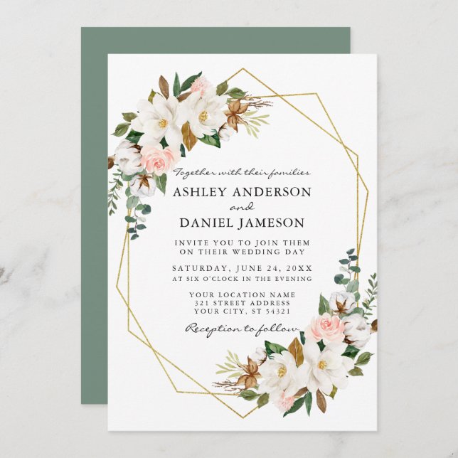 Watercolor Magnolias Roses Geo Wedding Sage Green Invitation (Front/Back)