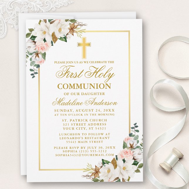 Watercolor Magnolias Roses Gold First Communion Invitation (Customize to change text color, size, style or to add photos or more text to back of card.)