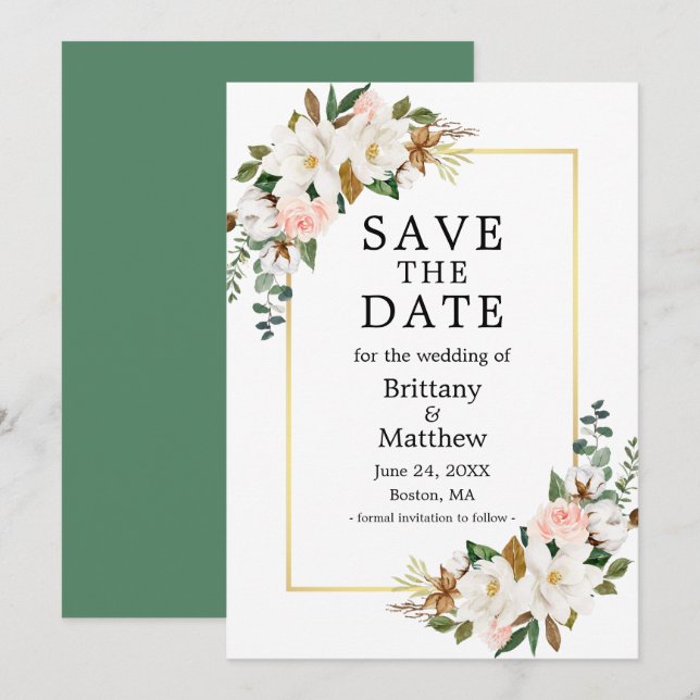 Watercolor Magnolias Roses Gold Frame Green Save The Date (Front/Back)