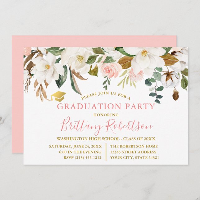 Watercolor Magnolias Roses Gold Graduation Party Invitation (Front/Back)