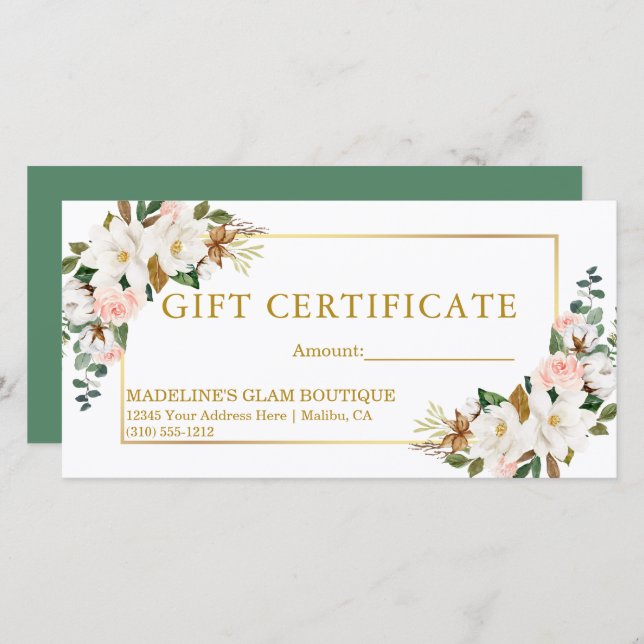 Watercolor Magnolias Roses Green Gift Certificate (Front/Back)