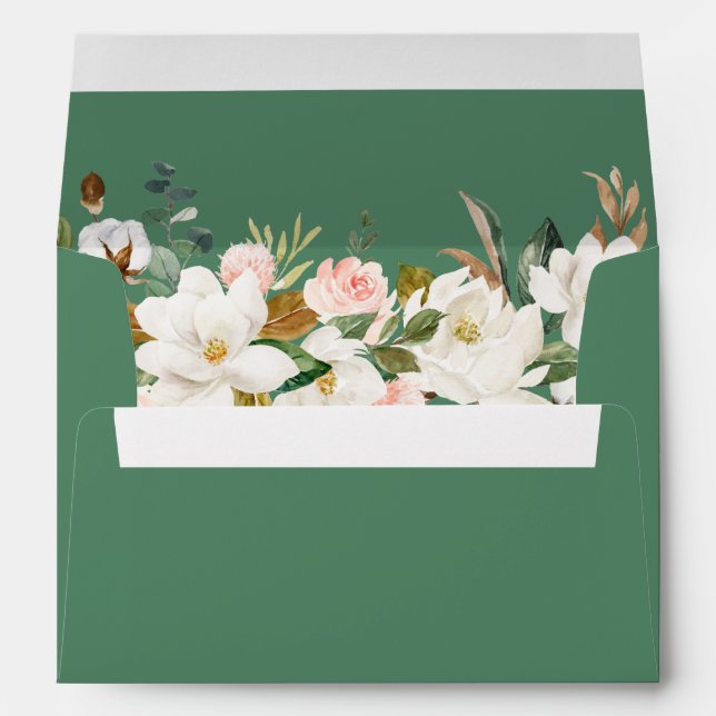 Watercolor Magnolias Roses Green Wedding Envelope (Back (Bottom))