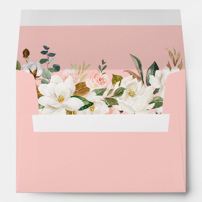 Watercolor Magnolias Roses Pink Wedding Envelope (Back (Bottom))