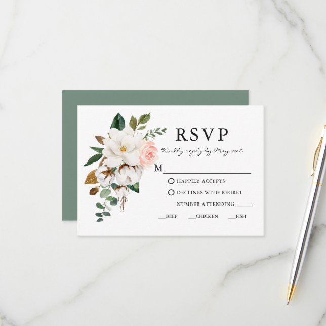 Watercolor Magnolias Roses Wedding Meal Sage Green RSVP Card (Front/Back In Situ)