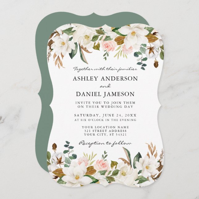 Watercolor Magnolias Roses Wedding Sage Green Invitation (Front/Back)