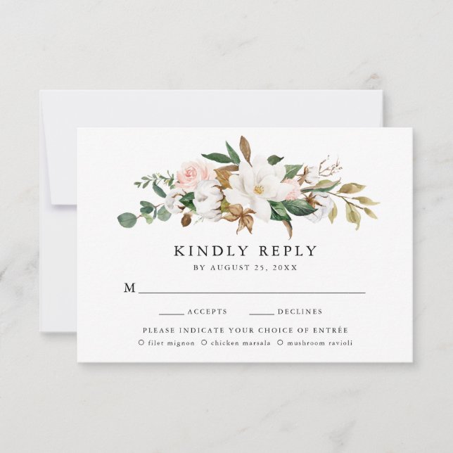Watercolor Magnolias Wedding RSVP Card Meal Choice (Front)