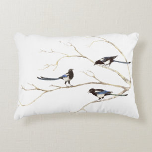  Watercolor Magpie Bird Family Chatting in Tree Decorative Cushion