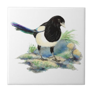 Watercolor Magpie Bird Wildlife Art Ceramic Tile