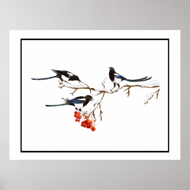 Watercolor Magpie Birds Nature Art Poster (Front)