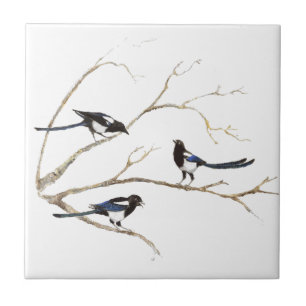 Watercolor Magpie Family Birds in Tree Ceramic Tile