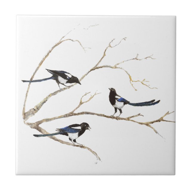 Watercolor Magpie Family Birds in Tree Ceramic Tile (Front)