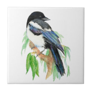 Watercolor Magpie Garden Bird art Tile