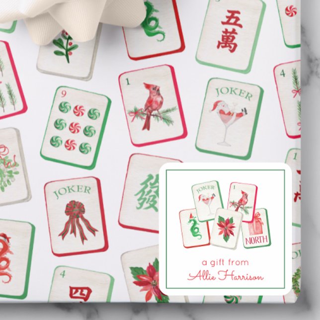 Watercolor Mahjong Christmas Tiles Enclosure Square Sticker (Creator Uploaded)