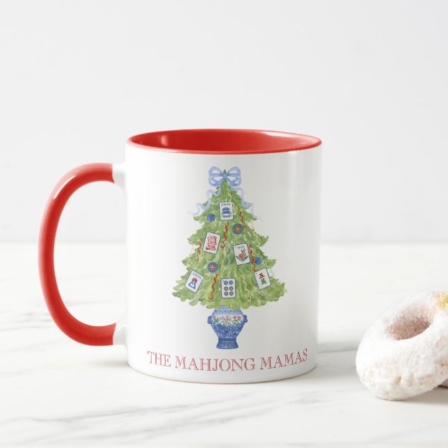 Watercolor Mahjong Christmas Tree Party Mug (With Donut)