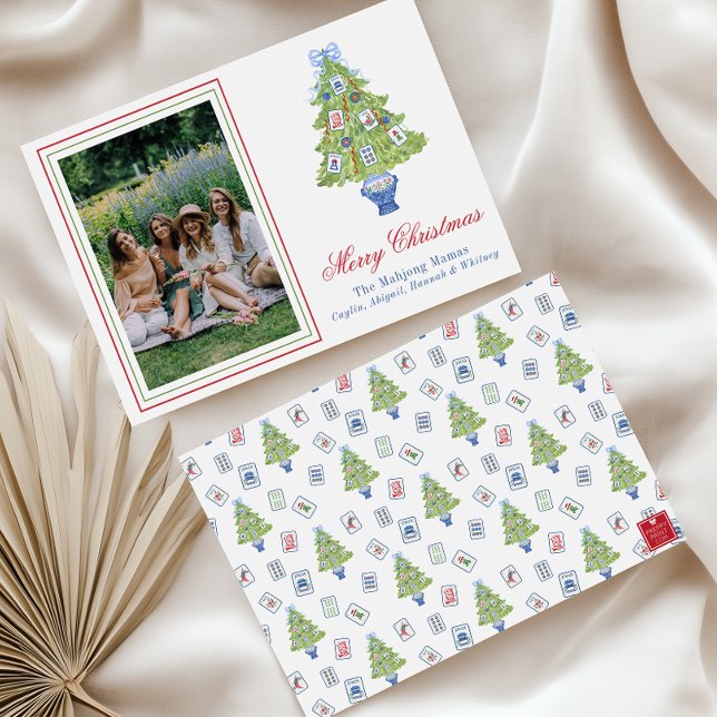 Watercolor Mahjong Christmas Tree Photo Holiday Card (Creator Uploaded)