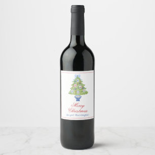 Watercolor Mahjong Christmas Tree Wine Label
