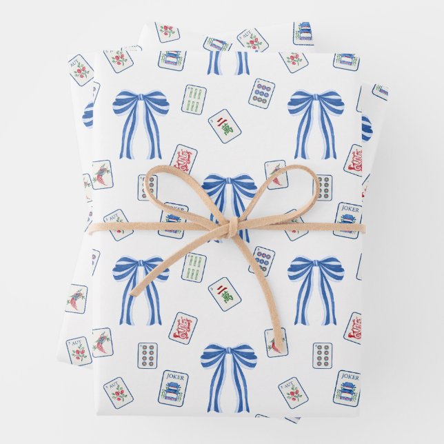 Watercolor Mahjong Tiles & Bows Wrapping Paper Sheet (In situ)