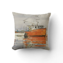 Watercolor Maine Fishing Boat Ocean Orange Grey