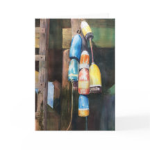 Watercolor Maine Lobster Buoy Coastal Blue Yellow