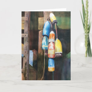 Watercolor Maine Lobster Buoy Coastal Blue Yellow Thank You Card