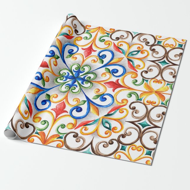 Watercolor majolica ornament wrapping paper (Unrolled)