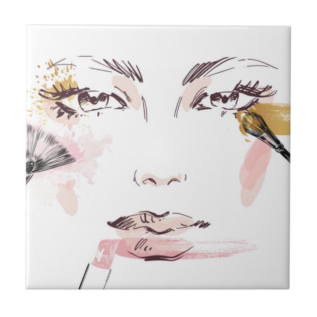 Watercolor Makeup Face Ceramic Tile (Front)