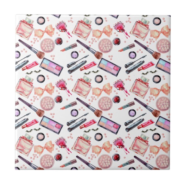 Watercolor Makeup Pattern Ceramic Tile (Front)