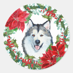 Watercolor Malamute Dog Poinsettia Holiday Wreath Classic Round Sticker