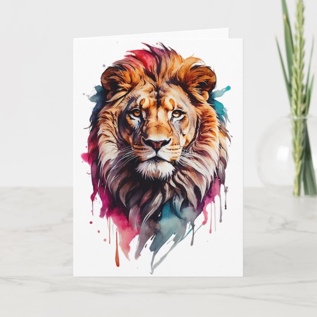 Watercolor Male Lion Splatter Art Portrait Blank Card (Front)