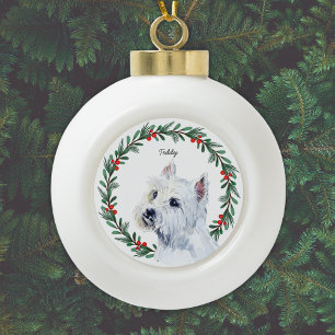 Watercolor Maltese Dog Holiday Wreath Ceramic Ball Christmas Ornament