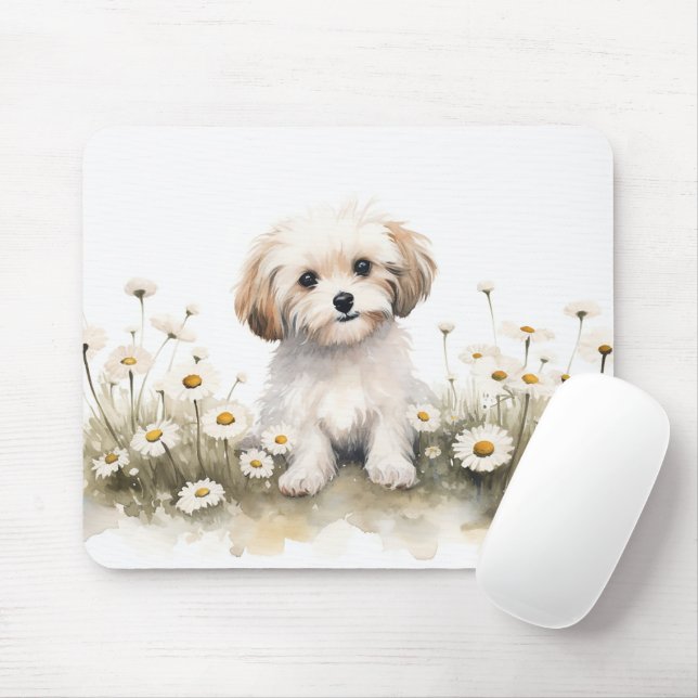 Watercolor Maltese In Daisies Mouse Pad (With Mouse)