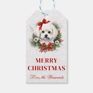 Watercolor Maltese Winter Wreath Christmas Gift Tags