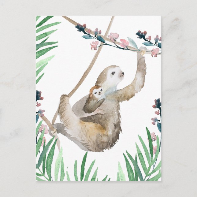 Watercolor Mama and Baby Sloth Postcard (Front)