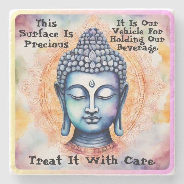 Watercolor Mandala Buddha Care Quote Stone Coaster (Front)