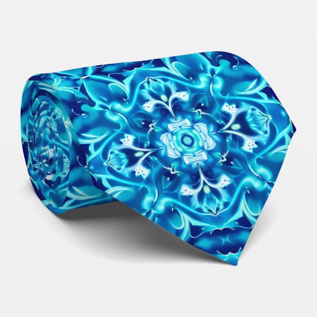 Watercolor Mandala Flower in Shades of Indigo Blue Tie (Rolled)