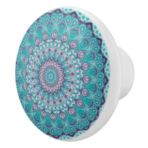 Watercolor Mandala in Teal and Purple Ceramic Knob