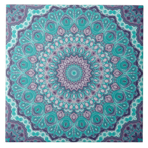 Watercolor Mandala in Teal and Purple Ceramic Tile