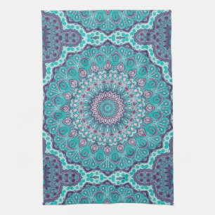 Watercolor Mandala in Teal and Purple Tea Towel