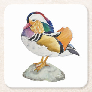 Watercolor Mandarin Duck Square Paper Coaster