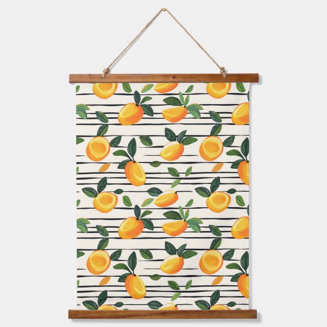Watercolor Mango Pattern with Green Leaves Hanging Tapestry (Front)