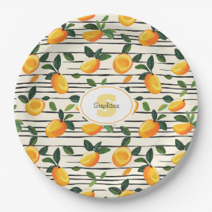 Watercolor Mango Pattern with Green Leaves Paper Plate
