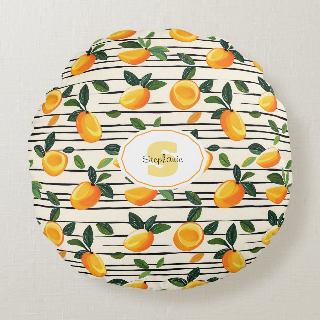 Watercolor Mango Pattern with Green Leaves Round Cushion (Front)