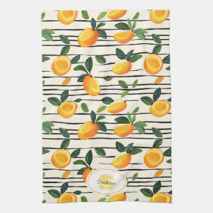 Watercolor Mango Pattern with Green Leaves Tea Towel
