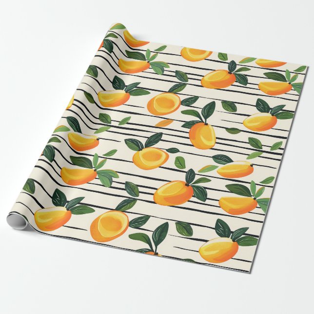 Watercolor Mango Pattern with Green Leaves Wrapping Paper (Unrolled)